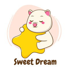 Cute polar bear sleeping on star cartoon character isolated hand drawn style