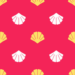 Yellow Scallop sea shell icon isolated seamless pattern on red background. Seashell sign. Vector