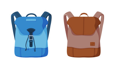 Fashionable Backpack or Rucksack with Two Straps Carried Over Shoulder Vector Set
