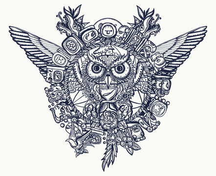 Magic owl and mayan elements old school tattoo and t-shirt design. Mesoamerican mexico mythology and culture. Tribal totem and ancient glyphs