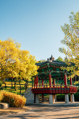 Korean traditional pavilion and autumn colorful trees at 5.18 Memorial Park in Gwangju, Korea