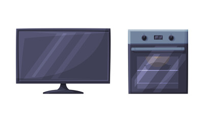 Oven and TV set as Home or Household Electric Appliance Vector Set