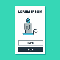 Filled outline Burning candle in candlestick icon isolated on turquoise background. Cylindrical candle stick with burning flame. Vector