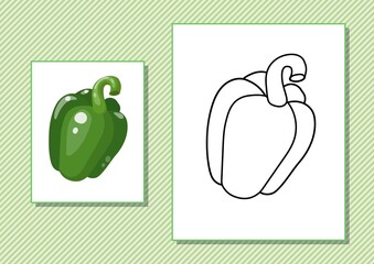 Printable worksheet. Coloring book. Cute cartoon bell pepper. Vector illustration. Horizontal A4 page Color green
