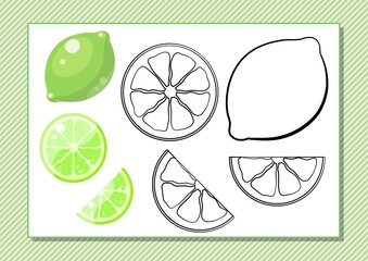 Printable worksheet. Coloring book. Cute cartoon lime. Vector illustration. Horizontal A4 page Color green.