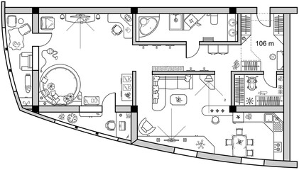Architecture floor plan. Sketch of interior apartment furniture icon top view. Room in flat style. House floor design project, living room, kitchen, bedroom, bathroom in above. Vector 
