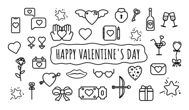Set of icons for Valentine's Day to decorate cards, invitations, stickers, line art and doodle graphics, collection of love icons, hearts and more. Vector illustration