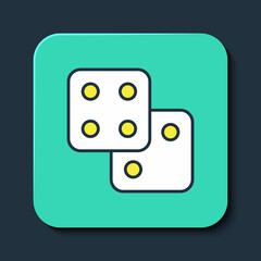 Filled outline Game dice icon isolated on blue background. Casino gambling. Turquoise square button. Vector