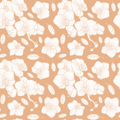 White orchids repeating print. Floral illustration for covers, wallpaper, background, textile