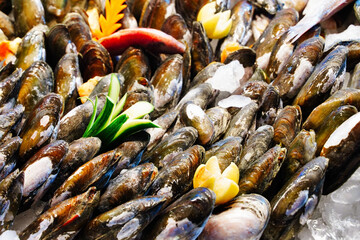 Mussels. Fresh mussels. Seafood Cooking ingredients from a farmers markets