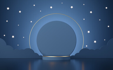 Luxury night podium for branding and packaging presentation with moonlight, clouds, stars and glossy surface. Sweet dream concept. Baby showcase mockup. Christmas showcase. 3d illustration 3d render