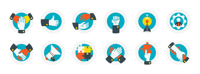 Set of flat vector icons related to business theme. Unite, like, help