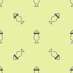 Blue Milkshake icon isolated seamless pattern on yellow background. Plastic cup with lid and straw. Vector