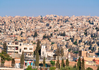 Aerial view with the busy city of Amman, the capital of Jordan