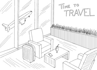 Airport interior graphic black white sketch illustration vector 