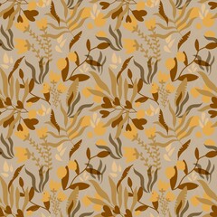 Seamless floral pattern with leaves, berries and seeds for fabrics and textiles 