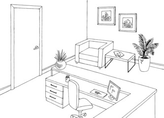 Reception graphic office room black white interior sketch illustration vector 