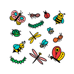 Obraz na płótnie Canvas Vector set of different insects drawn in simple children style