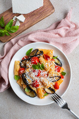 Pasta with eggplant, tomato sauce, basil, served with grated ricotta salata cheese. Pasta alla...