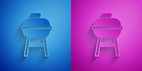 Paper cut Barbecue grill icon isolated on blue and purple background. BBQ grill party. Paper art style. Vector