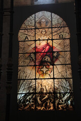 General view of a stained glass window in the cathedral of Segovia.