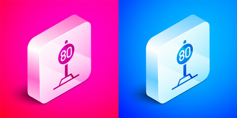 Isometric Speed limit traffic sign 80 km icon isolated on pink and blue background. Silver square button. Vector