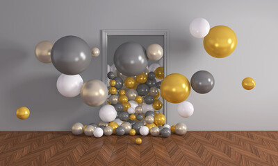 Fototapeta na wymiar Colorful Bunch of Birthday Balloons Flying for Party in Door open Room. 3D illustration, 3D rendering 