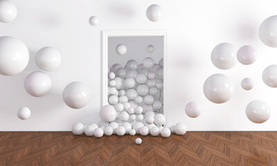 Colorful Bunch of Birthday Balloons Flying for Party in Door open Room. 3D illustration, 3D rendering	