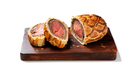 Beef Wellington - beef tenderloin festive dish. English cuisine. Isolated on white background.