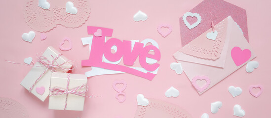 Valentine's day.Gift boxes set in pink on a monochrome background, holiday concept, wedding invitation, birthday cards and mothers day Long banner,valentines day postcard.