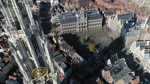 Aerial view of Antwerp Great Market Square the City Hall Guildhouses and the tower of Cathedral of Our Lady in Dutch Onze-Lieve-Vrouwekathedraal is a Roman Catholic building gothic style 4k quality