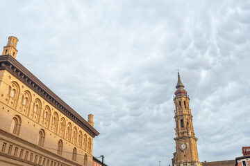 Plaza del Pilar in the city of Zaragoza at sunset, Aragon. Spain