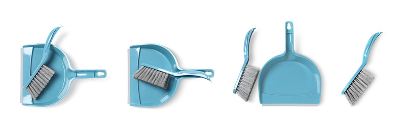 Set with plastic hand brooms and dustpans on white background, top view. Banner design