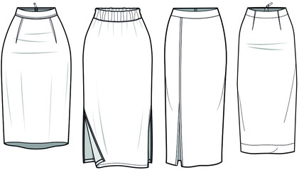 Women Tight Pencil Cut Skirt Styles Fashion Illustration, Vector, CAD, Technical Drawing, Flat Sketch.