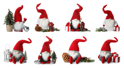 Set with funny Christmas gnomes and festive decor on white background. Banner design