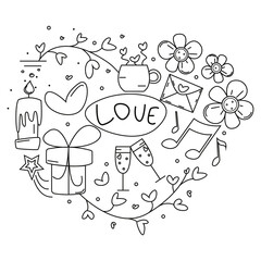 Black and white illustration in the style of doodles with symbols of love. Perfect illustration for poster and T-shirt design