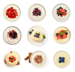 Set with delicious semolina puddings on white background, top view