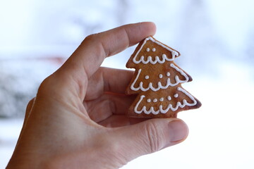 decorated Christmas gingerbread in the shape of a tree holds in hand