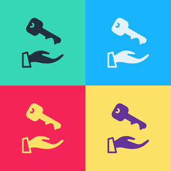 Pop art House key icon isolated on color background. Vector