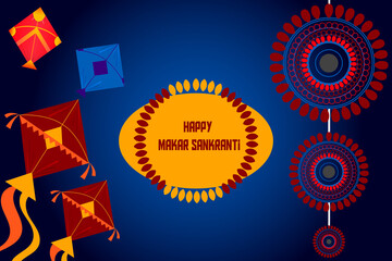 Happy makar sankranti festival, the maghi hindu festival with oriental elements color background 