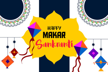 Happy makar sankranti festival, the maghi hindu festival with oriental elements color background 