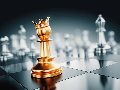 Golden chess pawnwith crown on chess board game. Success strategy startup busines concept. 3d rendering