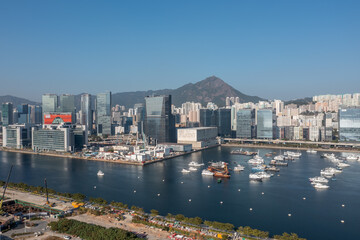 Obraz na płótnie Canvas Kwun Tong Typhoon Shelter, the Kwun Tong Bypass and commercial building 11 Dec 2021