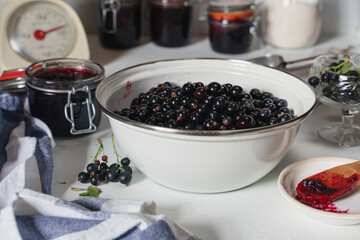 Bowl of fresh blackberries as ingredient for jam, closeup view