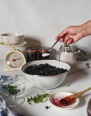 Woman's hands adding sugar to blackberries while making jam