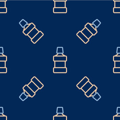Line Mouthwash plastic bottle icon isolated seamless pattern on blue background. Liquid for rinsing mouth. Oralcare equipment. Vector