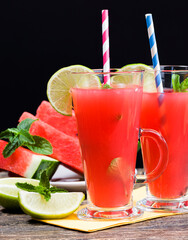 delicious watermelon juice from red watermelons, close up
