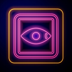 Glowing neon Film or movie cinematography rating or review icon isolated on black background. Vector