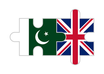 puzzle pieces of uk and pakistan flags. vector illustration isolated on white background