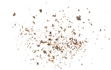 Burned, cardboard scraps scattered, pieces explosion effect isolated on white background, texture,...